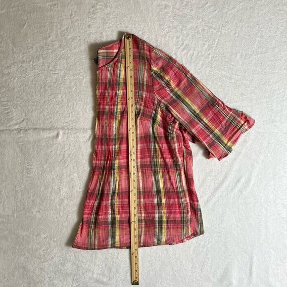 Catherine’s Women’s Plaid Blouse Size 3X Pink Multicolor Tab Sleeves Sheer Airy - Picture 7 of 7